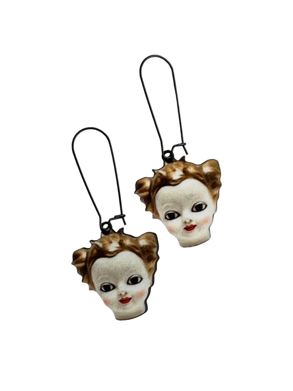 Vintage Style Creepy Cute Doll Head Flat Woodcut Dangle Earrings